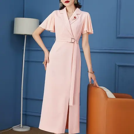 粉色开叉连衣裙女2023年夏季新款气质减龄时尚简约修身显瘦职业裙图片