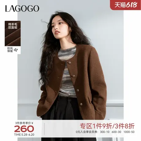 LAGOGO美拉德毛呢短款外套女拉谷谷2024年冬季新款高级感圆领上衣图片