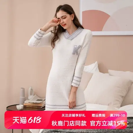 秋鹿【半边绒】长袖家居服软绵绵睡衣V领睡裙女春秋字母连衣裙商品大图