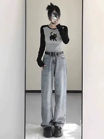 秋季辣妹风修身长袖上衣女hiphop潮牌美式打底衫ins外穿插肩袖T恤商品大图