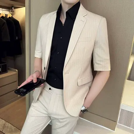 夏季男士七分袖条纹小西装休闲痞帅中袖西服英伦修身九分裤两件套商品大图