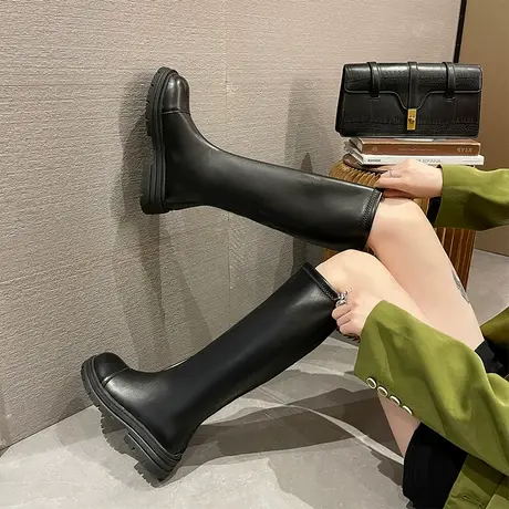 长筒靴子女胖mm粗腿2023新款秋冬加绒马丁靴高筒显瘦黑色骑士长靴商品大图