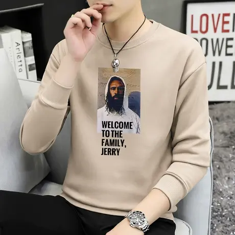 重磅纯棉卫衣男2023新款秋冬加绒加厚圆领无帽上衣摇粒绒长袖t恤商品大图