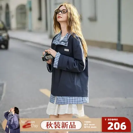 8.7/0点 上新唐狮2025秋季新款牛仔外套女撞色拼接假两件美式复古商品大图
