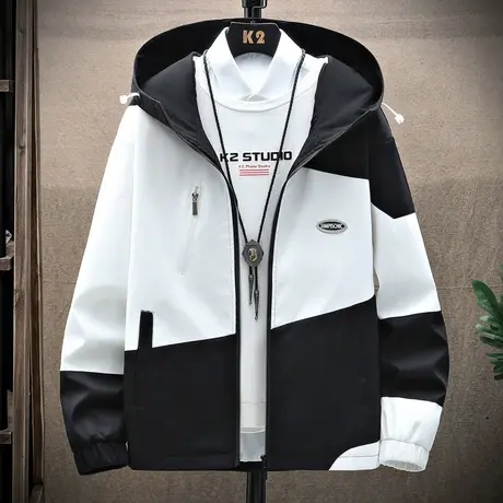 男士外套春秋款韩版潮流休闲帅气拼色连帽夹克男青少年百搭上衣服商品大图