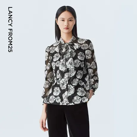 LANCY/朗姿2023秋季新款高端印花衬衫女飘带网纱通勤高级感衬衣图片