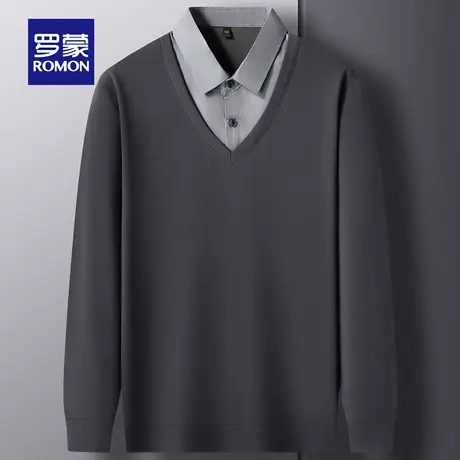 罗蒙男士翻领假两件针织衫2025秋季新款商务休闲上衣时尚长袖毛衣图片