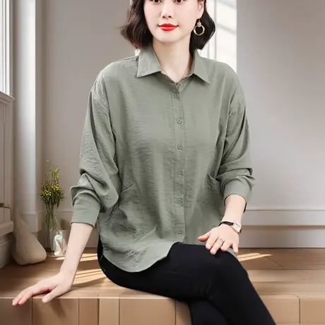 纯棉衬衫女宽松翻领长袖POLO衫秋季新款中老年妈妈休闲百搭打底衫商品大图