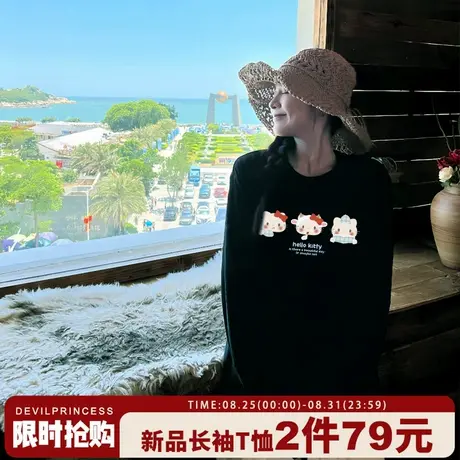 2025新款可爱风卡通猫咪印花黑色长袖t恤女宽松显瘦减龄正肩上衣商品大图