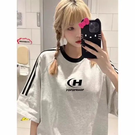 国潮牌美式复古三条杠插肩纯棉短袖t恤女夏季宽松设计感小众上衣商品大图
