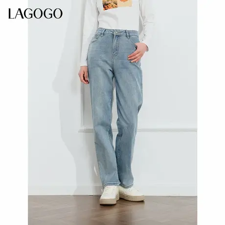 LAGOGO浅色直筒高腰牛仔裤女拉谷谷2024年秋季新款弹力舒适裤子商品大图