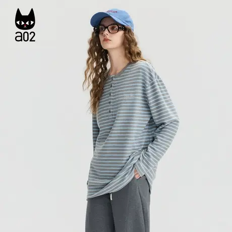 a02宽松条纹圆领长袖T恤女2025新款秋季慵懒休闲打底衫上衣秋装商品大图