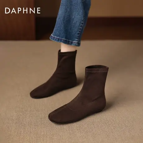达芙妮棕色短靴女2025新款冬季加绒平底靴子复古绒面瘦瘦靴马丁靴商品大图