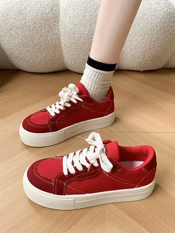 红色帆布鞋女款2023年新款春秋爆款百搭休闲布鞋chic韩版复古板鞋商品大图