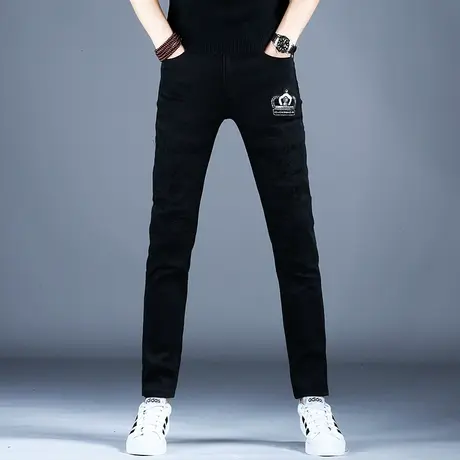黑色牛仔裤男款刺绣潮流裤子男士休闲裤秋款弹力小脚修身美式高街商品大图