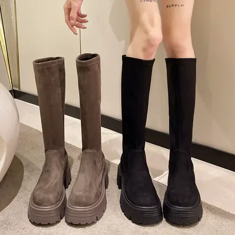 欧洲站瘦瘦弹力靴女2023春夏新款套筒休闲时尚时装高筒加绒长靴子图片