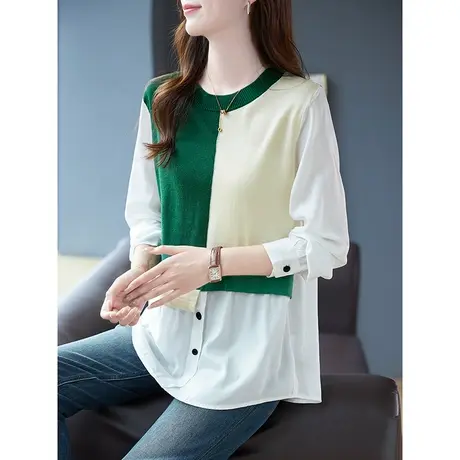 宝诗黎圆领针织拼接长袖假两件衬衫2023早秋新款设计感宽松上衣女商品大图
