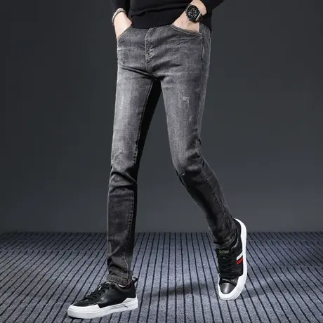 高端黑灰色牛仔裤男2023新款秋冬款修身小脚百搭弹力男士牛仔裤商品大图