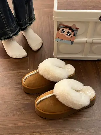 兔毛绒厚底毛毛拖鞋女外穿2023新款冬季包头加绒保暖居家软底棉拖商品大图
