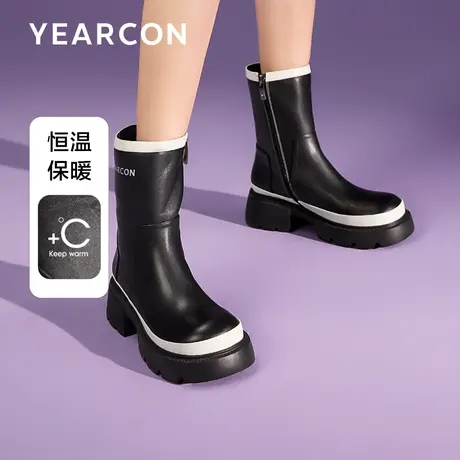 意尔康加绒厚底英伦烟筒靴2023冬季复古中筒靴子女圆头马丁靴短靴图片