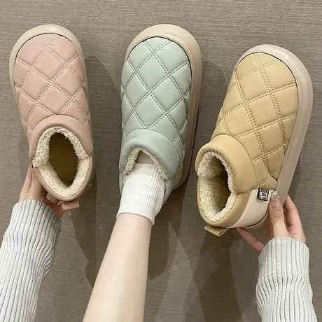 时尚菱格纹PU皮防水棉拖鞋女冬季外穿室内厚底加绒保暖高包跟棉鞋商品大图