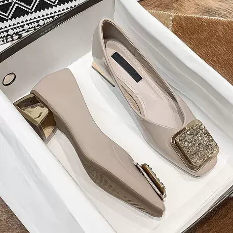 方跟单鞋女中跟2023春季新款百搭漆皮四季女鞋方头浅口粗跟瓢鞋夏商品大图