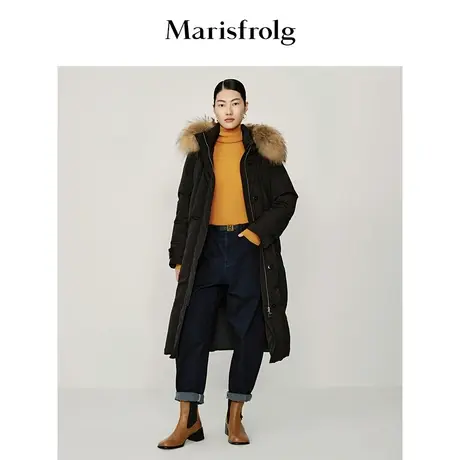 【长款风衣羽绒服】玛丝菲尔冬季新款黑色连帽毛领长款羽绒服图片