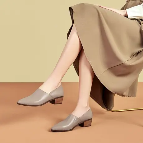 四季可穿尖头粗跟真皮单鞋女2023年夏季新款英伦风中跟复古小皮鞋商品大图