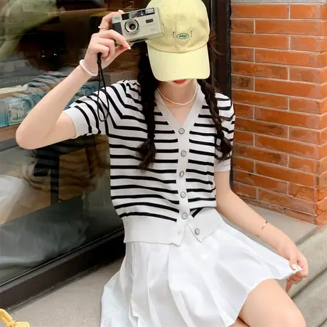 唐狮新款v领条纹短袖针织开衫简约气质短款小衫夏季外穿开衫yd11图片