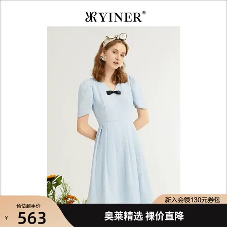 YINER音儿专柜女装2022夏季新款花朵肌理撞色蝴蝶结连衣裙图片