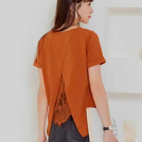 桔熊夏季小心机t恤弹力露腰交错蕾丝拼接短袖上衣女装大码AB17329图片