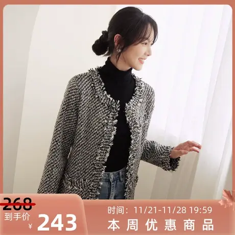 桔熊秋冬季通勤今年流行的漂亮宽松粗花呢中长款外套女大码EA3539图片