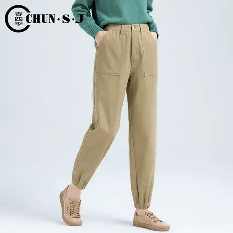 卡其色休闲裤女秋季2023年新款束脚裤子高腰哈伦裤长裤宽松工装裤图片