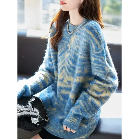 宝诗黎圆领提花棉质宽松套头毛衣女2024春秋季新款慵懒休闲针织衫商品大图