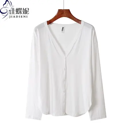 春季新款韩版V领纯白宽松大码休闲纯色开衫长袖体恤上衣女装外套商品大图