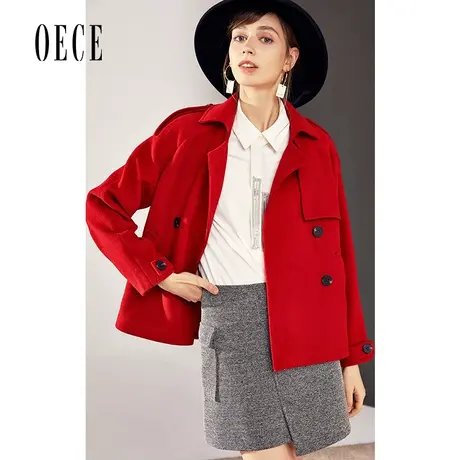 Oece秋冬装新款女装 英伦复古翻领双排扣短款小个子毛呢外套女商品大图