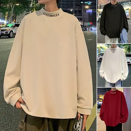 半高领德绒针织打底衫男春秋季内搭美式复古高街ins潮牌港风长袖t商品大图