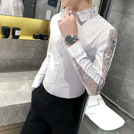 网红蕾丝长袖衬衫男士夜场少爷潮牌痞帅气韩版个性镂空衬衣发型师商品大图