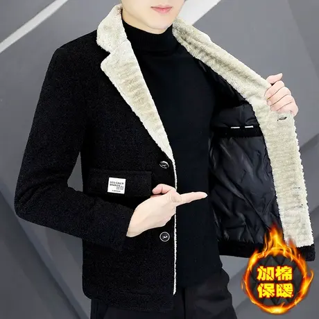 羊羔毛领冬装保暖外套男士时尚工装西装领帅气加棉加厚毛呢子夹克商品大图