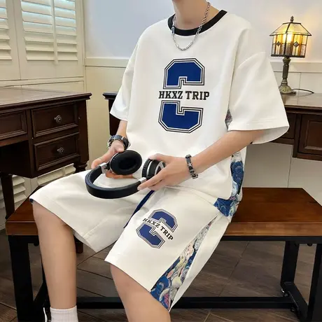 短袖短裤套装男夏季潮牌印花半袖t恤男装一套搭配帅气痞帅运动服商品大图