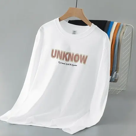 重磅t恤男士长袖纯棉白色上衣服美式潮流圆领内搭打底衫全棉秋衣商品大图