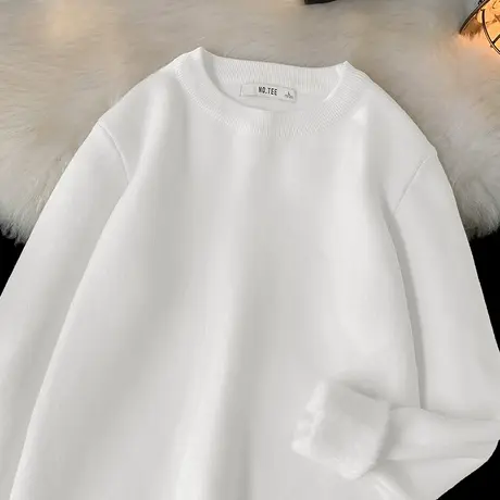 圆领毛衣男纯色白色打底衫秋冬季保暖一体绒加厚加绒针织衫毛线衣商品大图