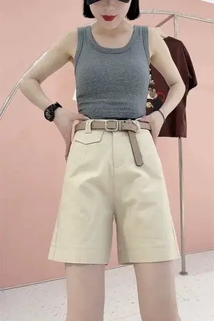 工装短裤女2022春夏季新款阔腿高腰宽松百搭中裤直筒休闲五分裤子商品大图