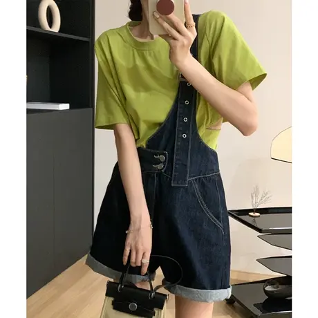 尔给设计感牛仔背带短裤高腰女夏2022新款女奶系奶fufu背带裤薄款图片