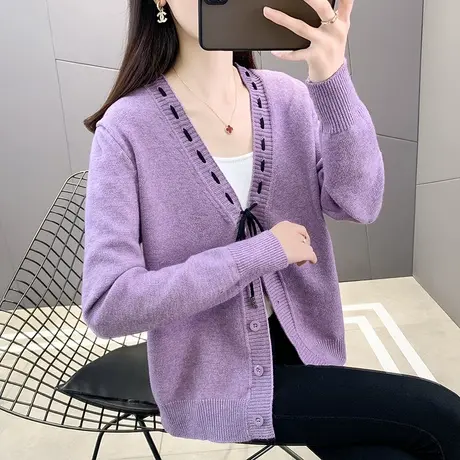 蝴蝶结系带v领针织毛衣开衫女春季内搭温柔风打底衫甜美外套上衣图片