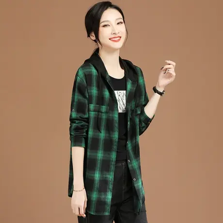 韩潮袭人中长款连帽印花格子衬衫外套2023秋季新宽松休闲长袖衬衣图片
