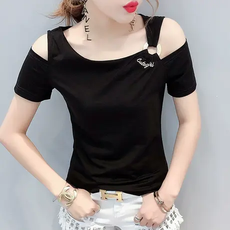 女装2023新款潮性感锁骨漏肩短袖T恤女夏季修身心机上衣纯棉丅恤商品大图