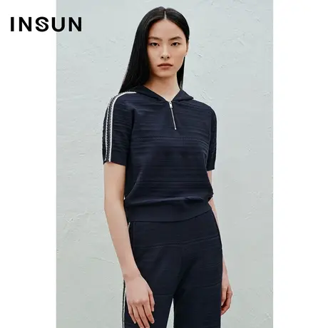 INSUN恩裳奥莱2023夏季休闲连帽肌理感撞色冰丝金葱针织衫商品大图