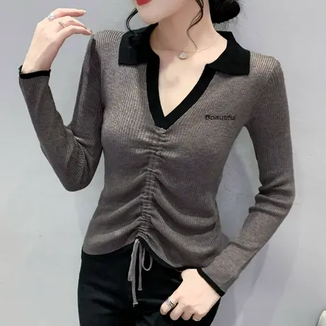 时尚抽绳针织衫女长袖春装2024新款拼色V领毛衣洋气紧身打底衫潮图片