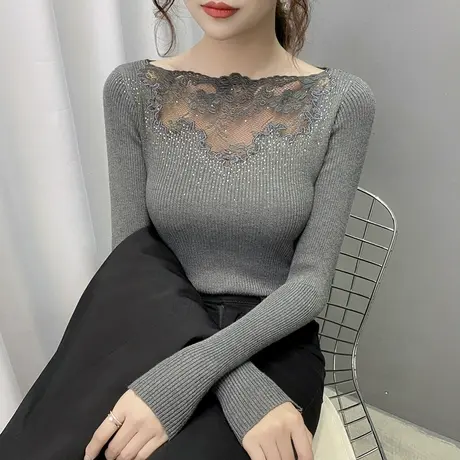 蕾丝打底衫女春秋新款长袖修身针织衫内搭洋气薄毛衣女女士上衣潮图片